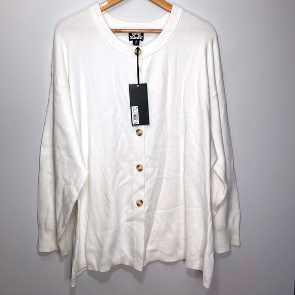 NWT Future Collective Women's Cardigan Sweater 2X Cream White Button Knit Top - Picture 1 of 8